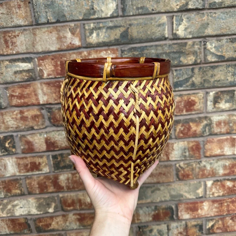 Vintage Woven Bamboo Basket Two Tone Brown Natural Footed Decorative Pot Small